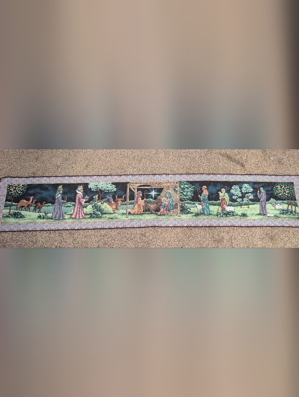 First Christmas Nativity Tapestry Table Runner 13x72 Woodworkers & Weavers USA